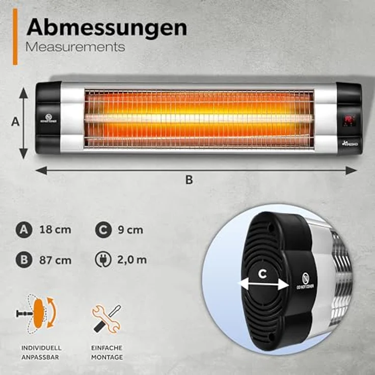 TRESKO Infrarot Heizstrahler 2500W mit Fernbedienung | Wärmestrahler Terrasse elektrisch mit 3 Heizstufen | Terrassenstrahler Innen & Außen | Wand-Infrarotstrahler mit LED-Anzeige Quarzstrahler – Bild 5