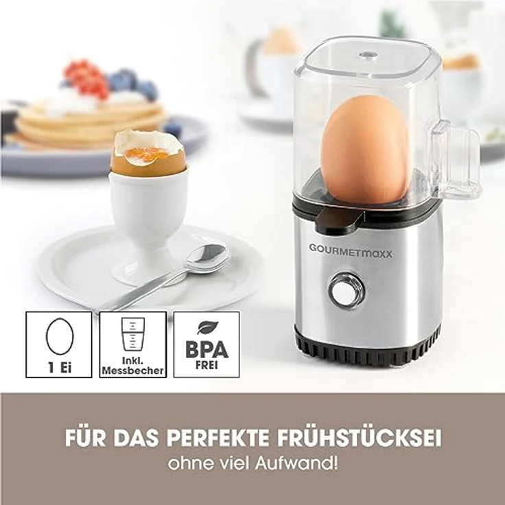 GOURMETmaxx Design-Eierkocher für 1 Ei | Das perfekte Frühstücksei ohne viel Aufwand und energiesparend, einfache Bedienung inklusive Messbecher | BPA frei und kompakt – Bild 2