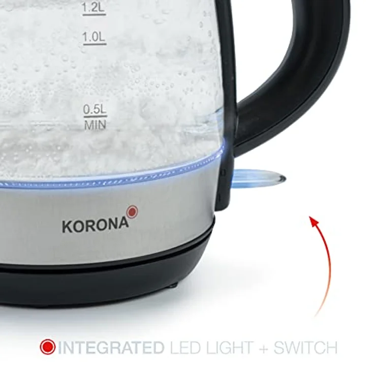 Korona 20608 Glas-Wasserkocher, 2200 Watt, 1,2 Liter, LED-Beleuchtung, verdecktes Heizelement, Kalkfilter, silber, schwarz – Bild 7