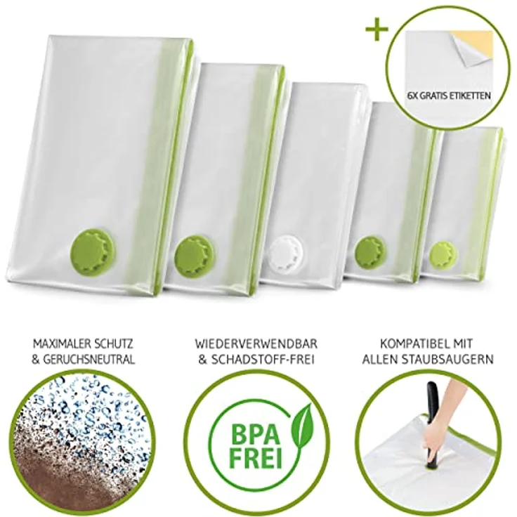 NORDIC® Vakuumbeutel für Kleidung, 6x Größe S 60x40cm, BPA-frei, wiederverwendbar, reißfest, inkl. Etiketten zur Beschriftung – Bild 3