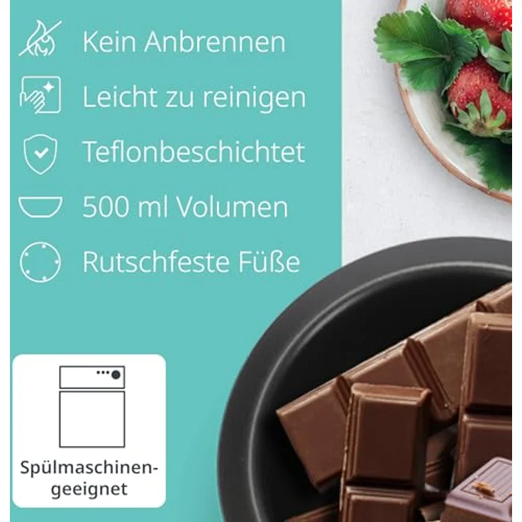 ADE elektrisches Schokofondue 500 ml mit 8 Spießen, Temperiergerät mit 2 Temperaturstufen, teflonbeschichtete herausnehmbare Schüssel, ideal für Schokobrunnen – Bild 2