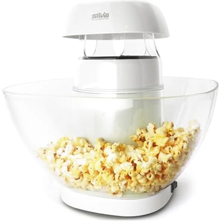 Silva Schneider Heißluft-Popcornautomat PM 440, 1200 W – fettfreie Zubereitung in 2 Min., inkl. 4,5 L Schüssel, automatische Abschaltung, Ein/Aus-Schalter, rutschfest – Weiß – Bild 1