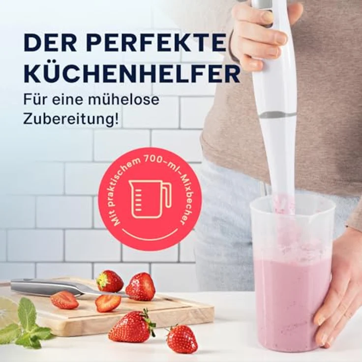 GOURMETmaxx Stabmixer & Smoothie Maker - mit stabilen Edelstahlklingen | Elektrischer Blender mit 700 ml Mixbehälter & abnehmbaren Mixaufsatz | Kompaktes Design mit rutschfesten Handgriffen [400 W] – Bild 4