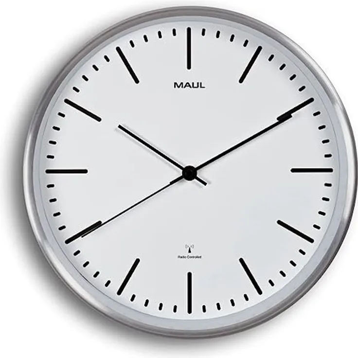 Maul Funkwanduhr MAULfly Ø 30cm | Wanduhr aus Mineralglas | automatische Zeiteinstellung | schmaler Rahmen aus Aluminium in modernem Design | für Büro, Homeoffice und Wohnbereich | Weiß