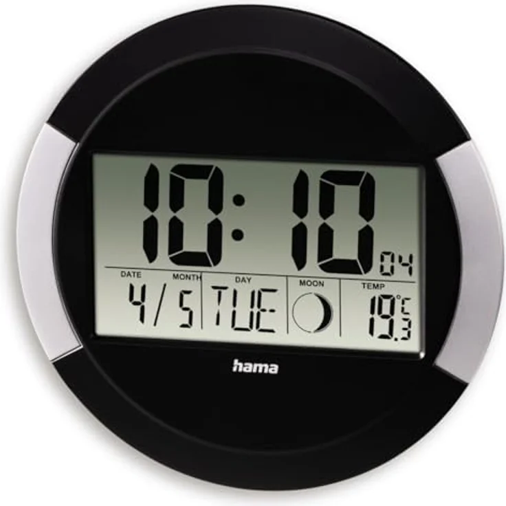Hama Wanduhr Digital mit Funk (Funkuhr ohne tickgeräusche, LCD-Display, Thermometer, Kalender, Mondphase) schwarz- Silber – Bild 3