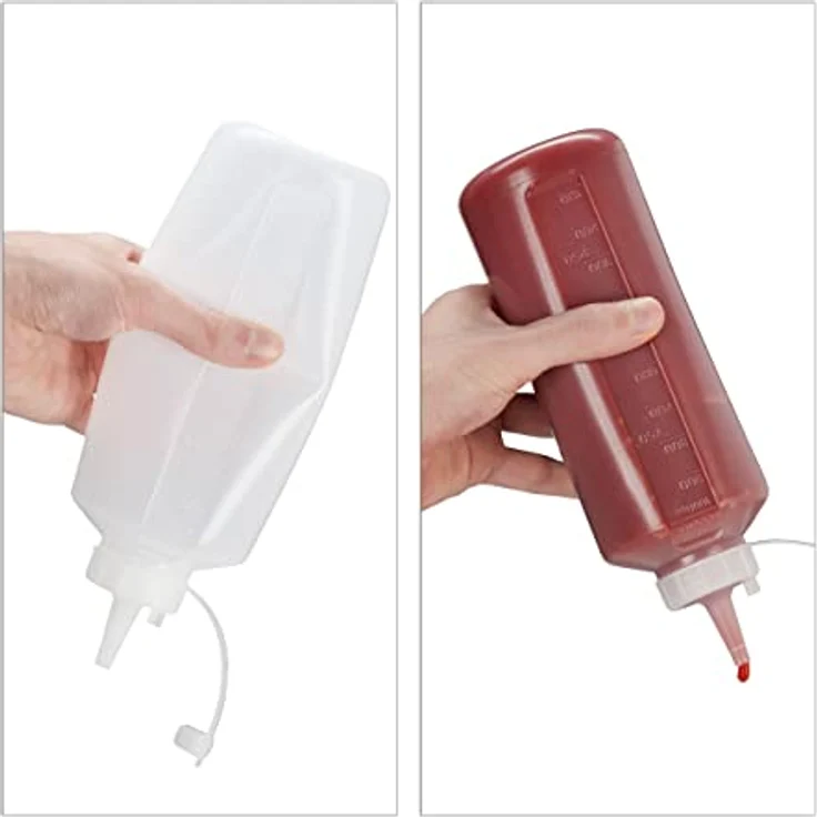 relaxdays Dressing Shaker Quetschflasche 1000 ml 4er Set, transparente Kunststoffflaschen für Ketchup, Senf und Saucen, punktgenaue Dosierung – Bild 7