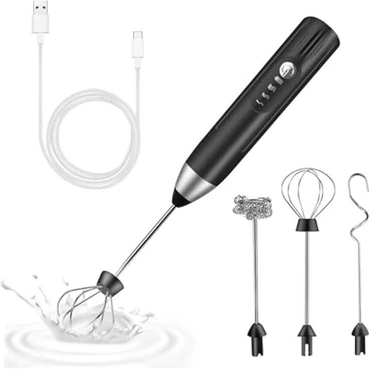 EBUYFIRE Elektrischer Milchaufschäumer mit 3 Köpfen, USB wiederaufladbar, 3 einstellbare Geschwindigkeiten, edelstahl Mini Schneebesen für Matcha Latte und Cappuccino – Bild 1