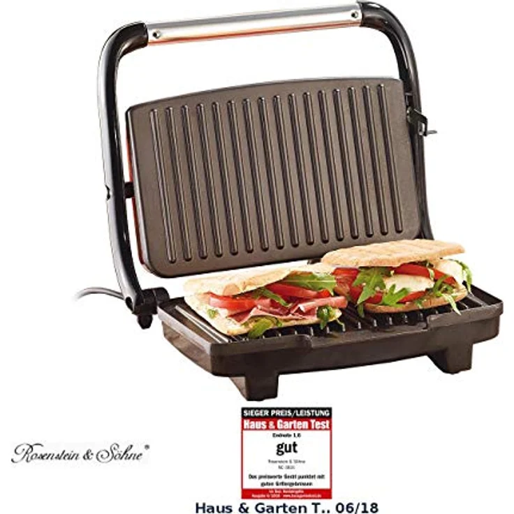 Rosenstein & Söhne CG-2510 Sandwichmaker, Panini-Grill, 1000W, ca. 27 x 16,5 cm, Kontrollleuchte, rot – Bild 3