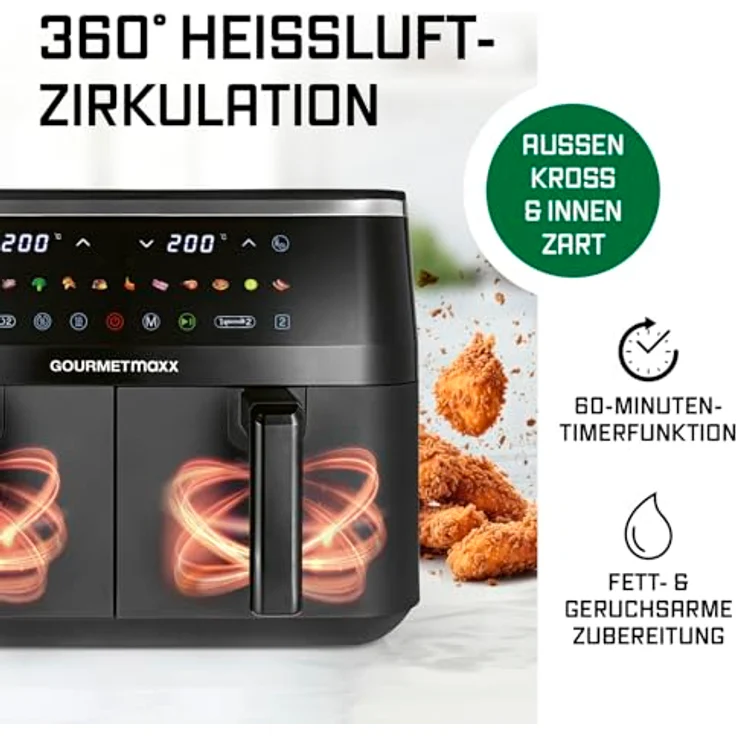 GOURMETmaxx Doppelkammer-Heißluftfritteuse 2 x 4,5 l mit Touchscreen, 12 Programmen und 3100 W Leistung – Bild 3