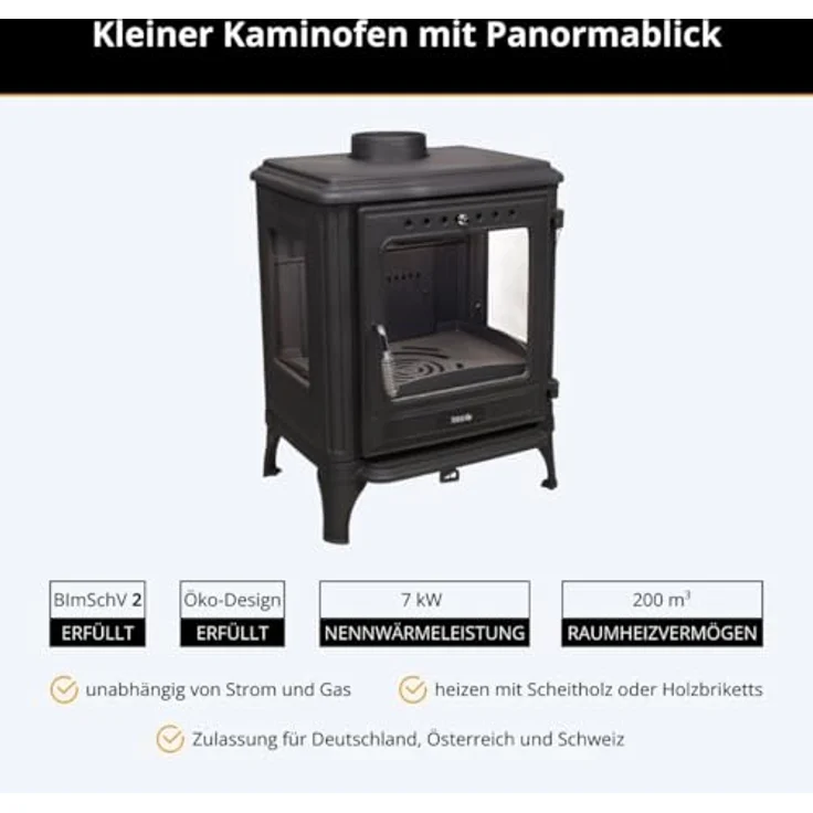 365® Kaminofen Ferrox 55 Panorama, 7 kW Gusseisen mit großem Glaseinsatz und hoher Effizienz (83 %) – Bild 2