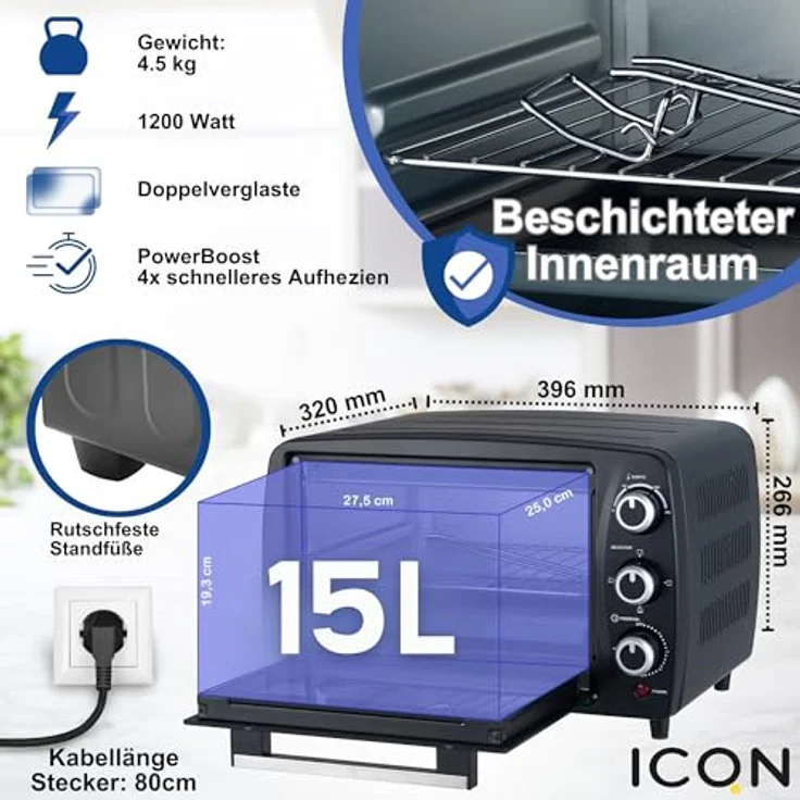 ICQN Kompakter Minibackofen 15 Liter, 1200W, 60 min-Timer, 3 Kochfuntionen, 90°-230°C, Anthrazit – Bild 2