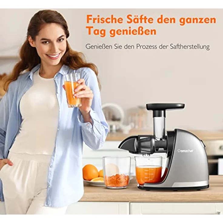AMZCHEF Entsafter Gemüse und Obst Testsieger - Slow Juicer mit Rückwärts-Kau-Funktion - Saftpresse Elektrisch, Zerkleinern ohne Filtern - Silber – Bild 2