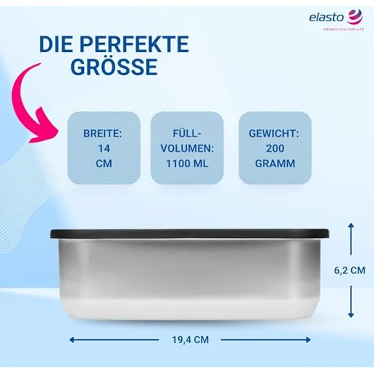 elasto Lunchbox Edelstahl mit Glasdeckel, 1100 ml, auslaufsichere Brotdose für Kinder & Erwachsene, silber/blau – Bild 3