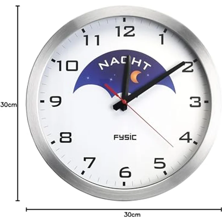 Fysic FK150, analoge Wanduhr für Demenzkranke mit extra großem Zifferblatt und Tageszeit-Anzeige (Tag/Nacht) im Aluminiumgehäuse – Bild 8