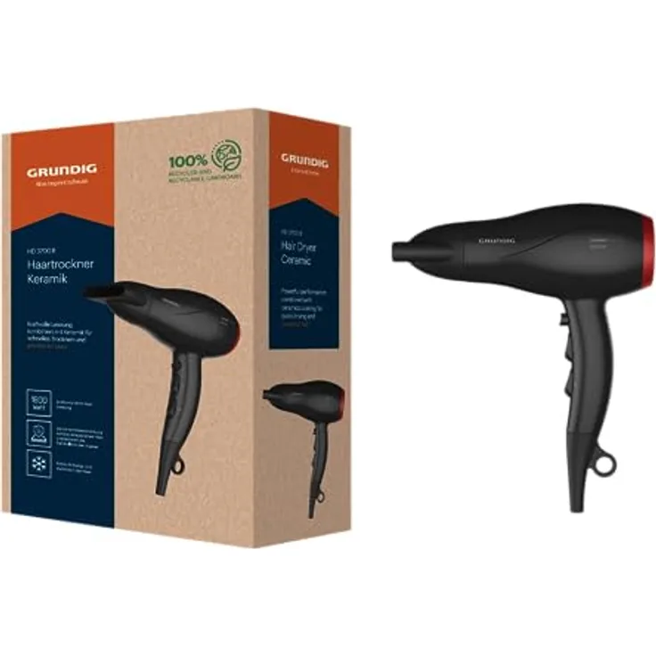 GRUNDIG HD HD 3700 B Haartrockner 1800 W, Föhn, 3 Temperatur- und 2 Luftstromstufen, Kaltstufe, Keramikschutz, 1.8 m langes Kabel, abnehmbares Lufteinlassgitter, Schwarz/Kirschrot