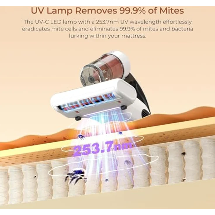 JIGOO J200 Milbensauger mit LED-Anzeige und UV-Licht, 500W, 99,9% Allergene entfernt, für Allergiker - Weiß – Bild 5