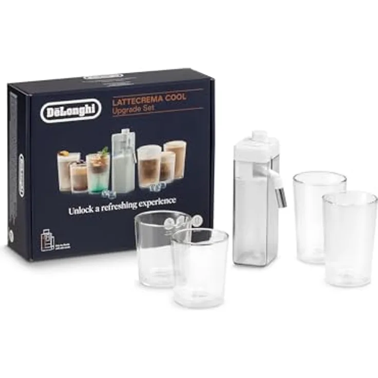 DELONGHI DLSC032 LatteCrema Cool Zubehörset, transparente Karaffe mit 4 doppelwandigen Thermogläsern für kalte Milchgetränke
