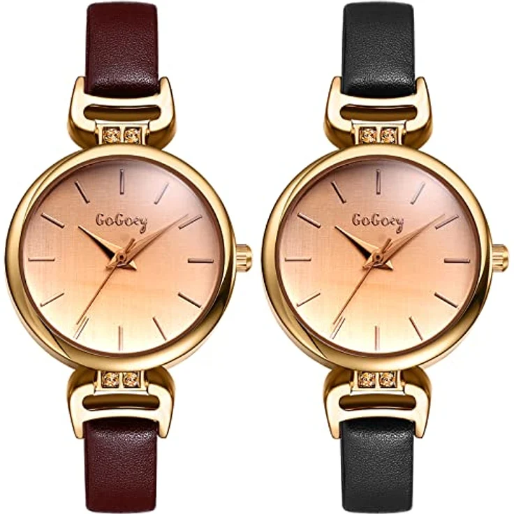 JewelryWe 2pcs Analog Quarz Armbanduhr für Damen, Klassisches Design mit Lederarmband, Schwarz/Braun, Wasserdicht – Bild 1