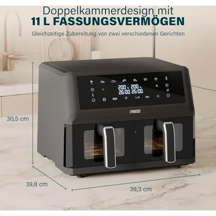 Princess Heißluftfritteuse mit Doppelkorb - 11 L - BPA- und PFAS-frei - 8 Programme - Sichtfenster - 2400 W - 182276 – Bild 2