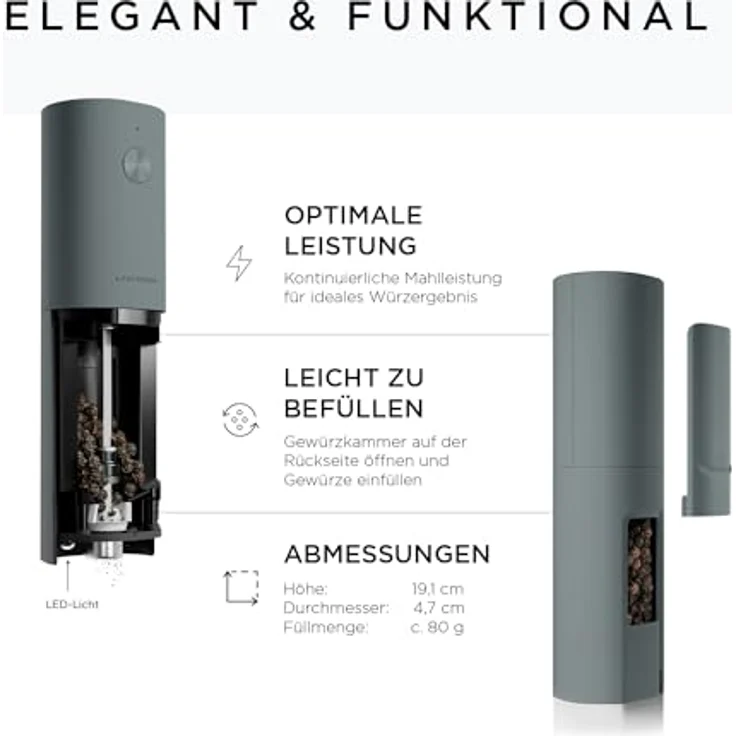 LARS NYSØM Salz und Pfeffer Mühle Elektrisch 2er Set mit einstellbarem Keramik-Mahlwerk von grob bis fein I Design Gewürzmühlenset Automatisch (2 Stück, Matt Grey) – Bild 4