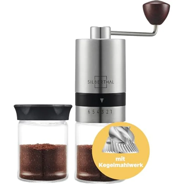SILBERTHAL Kaffeemühle Manuell Kegelmahlwerk - Verstellbarer Mahlgrad von grob bis fein - Handmühle aus Edelstahl und Glas - Ideale Geschenkidee