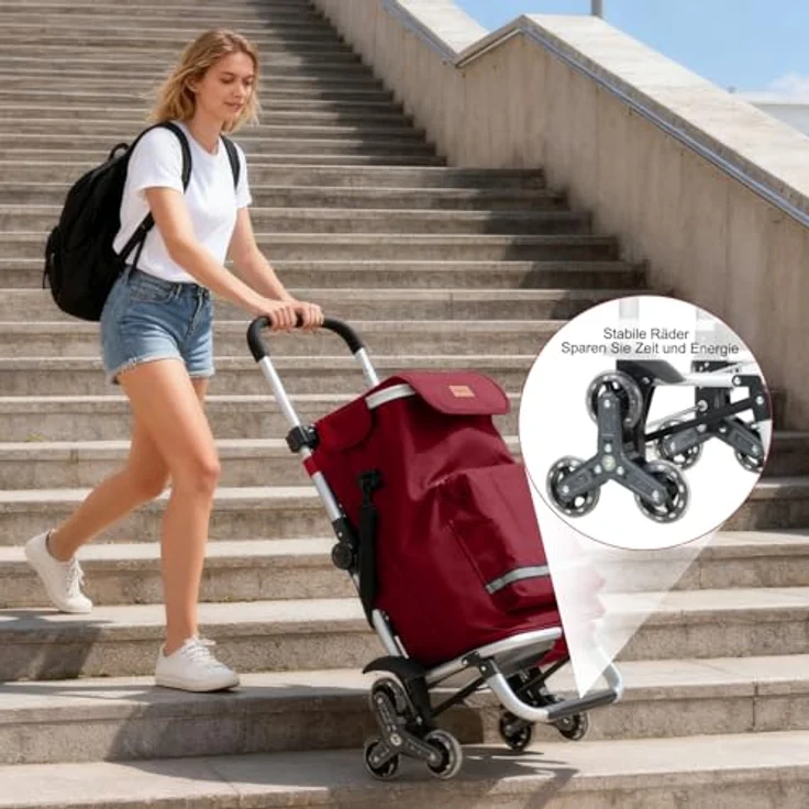 Sekey Klappbarer Einkaufstrolley 3-in-1 mit Kühlfach, 42 l, roter Treppensteiger Trolley inkl. Spanngurt und Einkaufschip – Bild 7