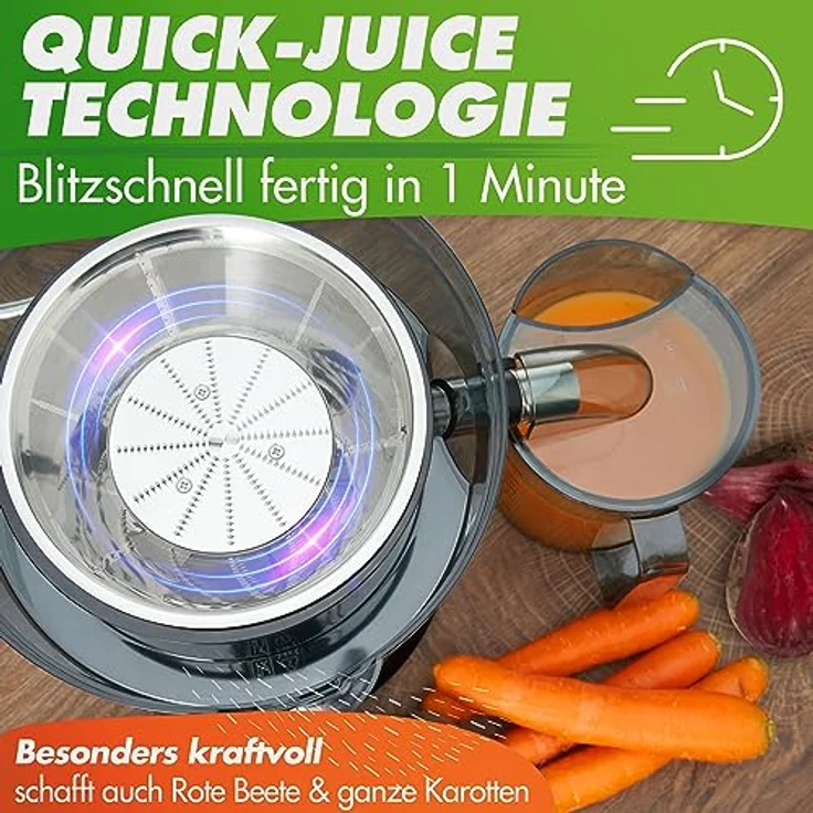 Nutrilovers QUICK-JUICER, Zentrifugalentsafter Edelstahl, 800W, 2 Geschwindigkeiten, XXL-Einwurf für ganze Früchte, BPA-frei, inkl. Trinkflasche & Rezeptbuch – Bild 3