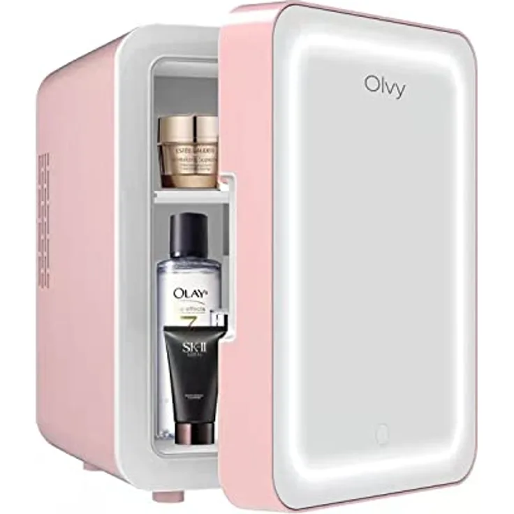Olvy Kosmetik Kühlschrank 4 Liter, Tragbarer Mini Kühlschrank mit LED Spiegel, Kühl und Heiß, Rosa