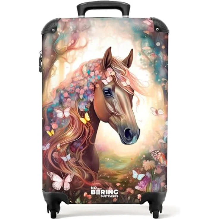 NoBoringSuitcases.com© Kinderkoffer Pferd - Natur - Blumen - Schmetterlinge - Wald, 55x35x20cm, 4 Rollen, Handgepäck-Koffer, Mädchen, Natur/Wald-Farben – Bild 2