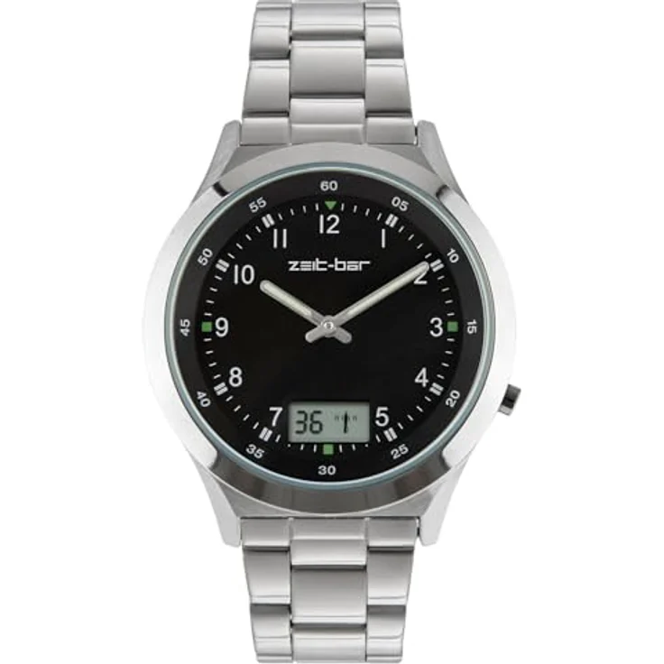 Zeit-Bar Funk-Armbanduhr Herren, mit Datums- und Sekundenanzeige, Edelstahl, schwarz - Preisvergleich – Bild 1