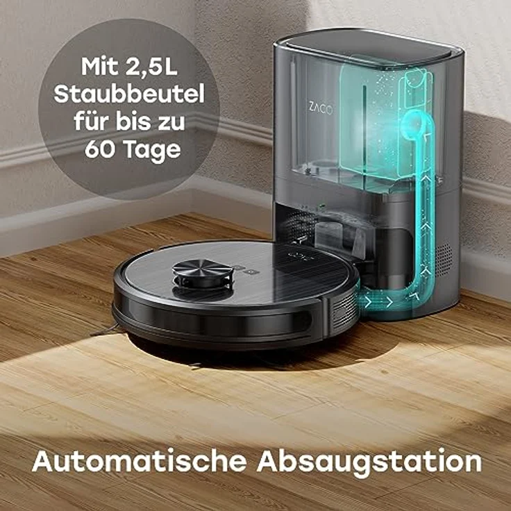 ZACO A10 Pro Saugroboter mit Wischfunktion, 2,5l Absaugstation bis 60 Tage, Lasernavigation, 3000Pa, 2in1 Saug und Wischroboter für Tierhaare, 150m², Raumerkennung, Teppicherkennung, leise, App, Alexa – Bild 2