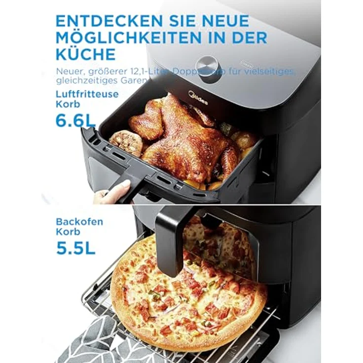 Midea Heißluftfritteuse Double Stack, 11L XXL Airfryer mit Smart WIFI Sync und Alexa, 10 in 1 Funktionen für 3-8 Personen, 2400W, platzsparendes vertikales Design – Bild 2