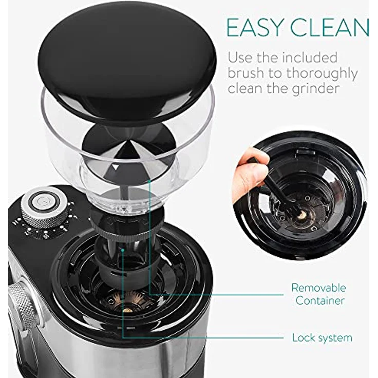 Navaris Elektrische Kaffeemühle mit Edelstahl Scheibenmahlwerk - 200W - für bis zu 14 Tassen Kaffee - 18 Mahlgrade - Kaffee Mühle Metallic Silber – Bild 5