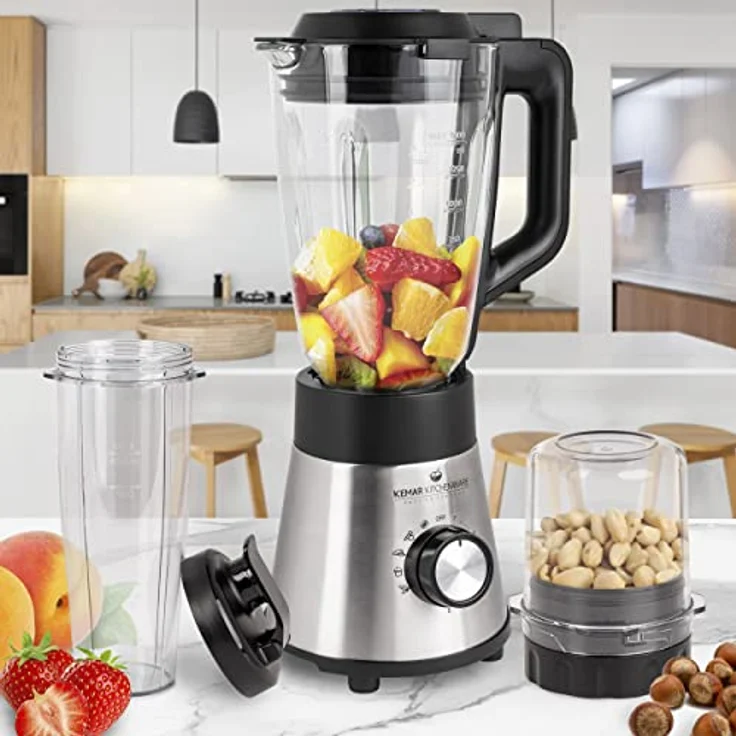 KeMar Standmixer 2-in-1 Edelstahl silber - 1,5l Glasbehälter 5 Programme 1000W abnehmbare Klinge - Smoothiemaker - inkl. 2Go Becher Trinkdeckel - Spülmaschinenfest, Blender, Reinigungsprogramm – Bild 2