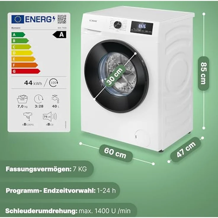 Bomann® Waschmaschine WA 7500 weiß | 7kg | Aqua-Stop | 10 Jahre Motor-Garantie | effizienter Invertermotor | 1400 U/min | bis 90°C | 15 Programme | Endzeitvorwahl | Washing Machine – Bild 5