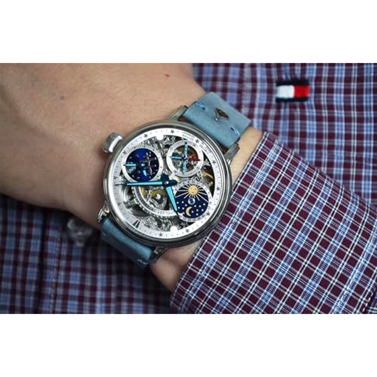 Poljot-International Herrenuhr Handaufzug Orbita, Chronograph mit silbernem Zifferblatt und grauer/türkiser Lederarmband, 9931.2940555 – Bild 5