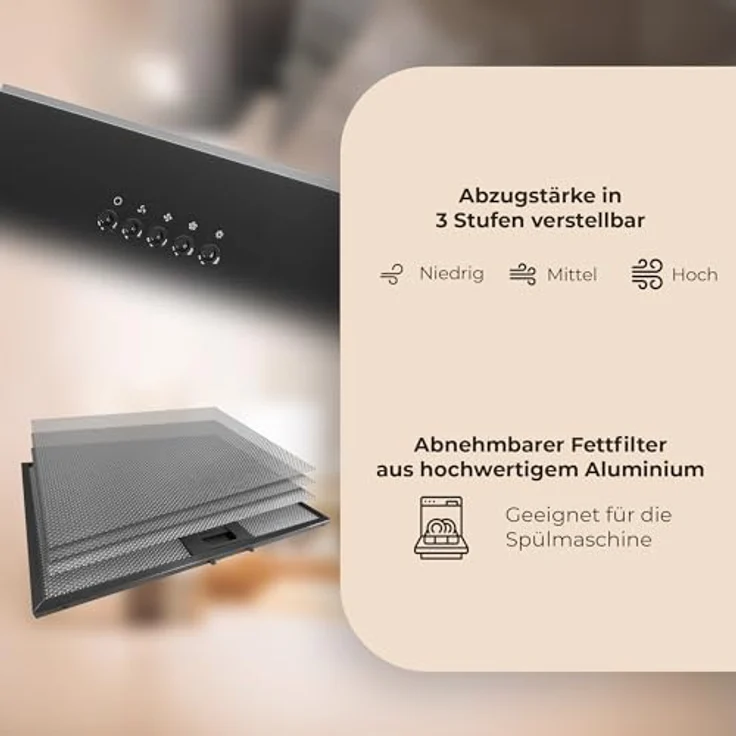 Yuna Dusica Dunstabzugshaube, A, Abluft und Umluft, Wandmontage, Breite 60 cm, Randabsaugung, Drucktasten – Bild 8