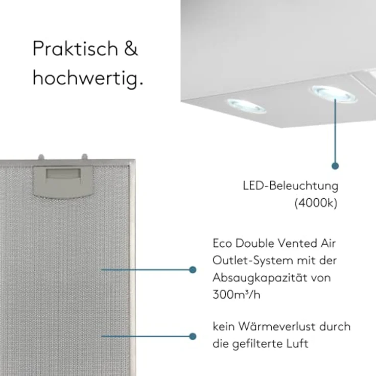 Wiggo Dunstabzugshaube 50cm kopffrei I Abluft Umluft Dunstabzug 300m³/h - LED Touch-Display 3 Stufen I Schräghaube inkl. Fettfilter & 2x Kohlefilter I Abzugshaube mit 3 teiliger Glasfront weiß – Bild 3