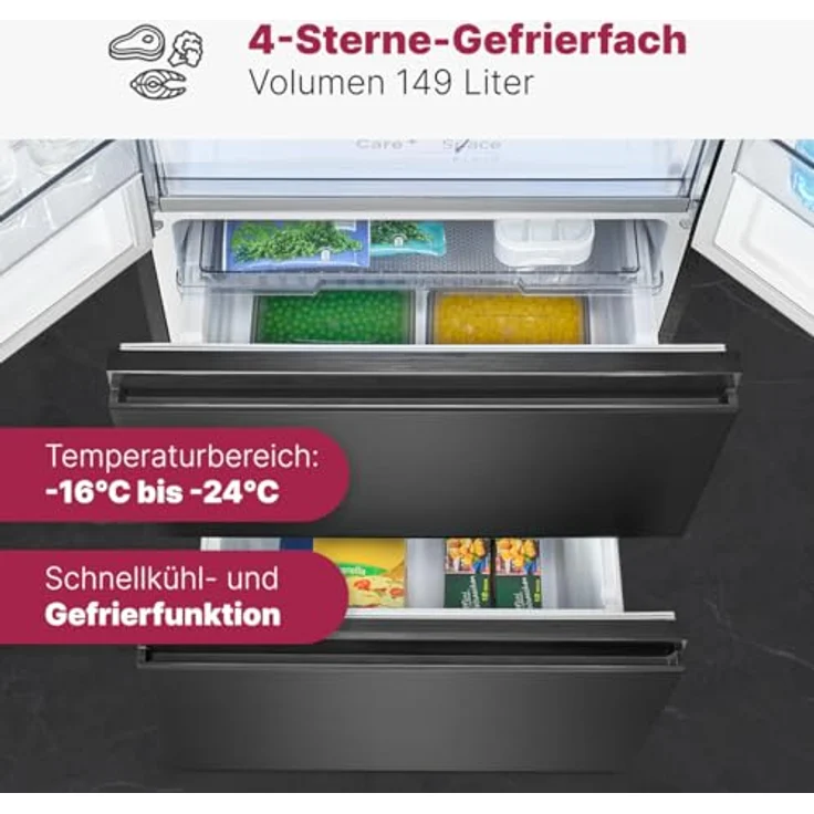 Bomann® French Door Kühlschrank No Frost | Kühl-Gefrier-Kombinationen mit Total No Frost | Kühlschrank mit Gefrierfach 400L | Side by Side Kühlschrank mit MultiAirflow-System | KG 7354 schwarz-inox – Bild 5