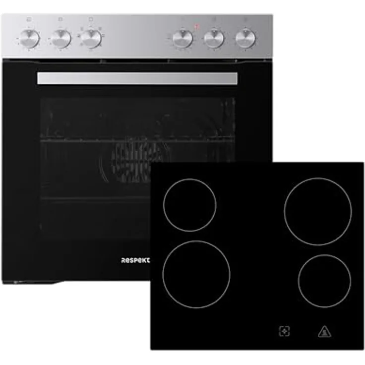 Respekta HS2001-26, Backofen Herdset mit rahmenlosem Glaskeramikkochfeld, 72 L, Edelstahl, 7 Beheizungsarten, inkl. Montagekit und Zubehör