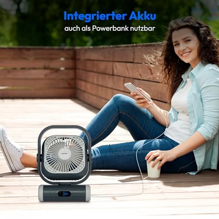 MEDION Tischventilator E10 TF, Camping-Ventilator mit 5 Geschwindigkeitsstufen, Fernbedienung, Oszillation, Akku, Powerbankfunktion und LED Licht – Bild 4