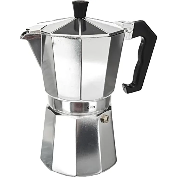 cilio Espressokocher Classico für 6 Tassen | Höhe: 20 cm | Ø: 9 cm | Aluminium-Gehäuse | Silber | Espresso Kocher mit Planboden | für Reisen oder Camping | Camping Kaffeekocher