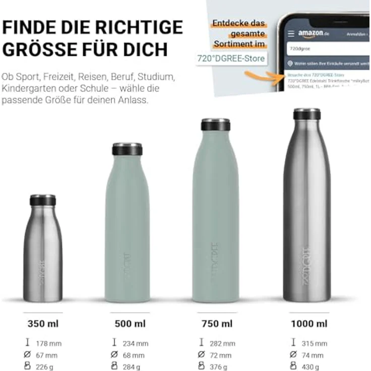 720°DGREE Edelstahl Trinkflasche “milkyBottle”, 500ml, BPA-frei, auslaufsicher, kohlensäuregeeignet, kinderfreundlich, doppelwandig, für Sport und Schule – Bild 3