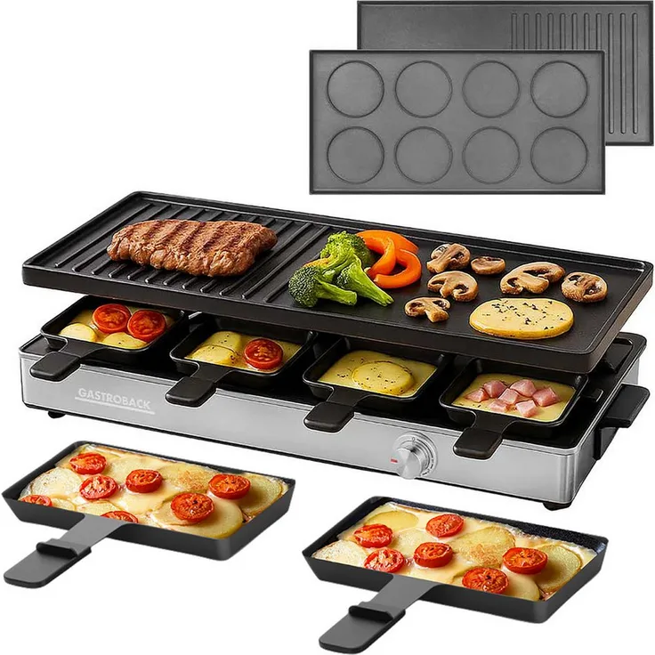 Gastroback Raclette Grill & Pancake Station, 12 Raclettepfännchen, 1.700 W, Edelstahl, stufenlose Temperaturregelung, schwarz/silber