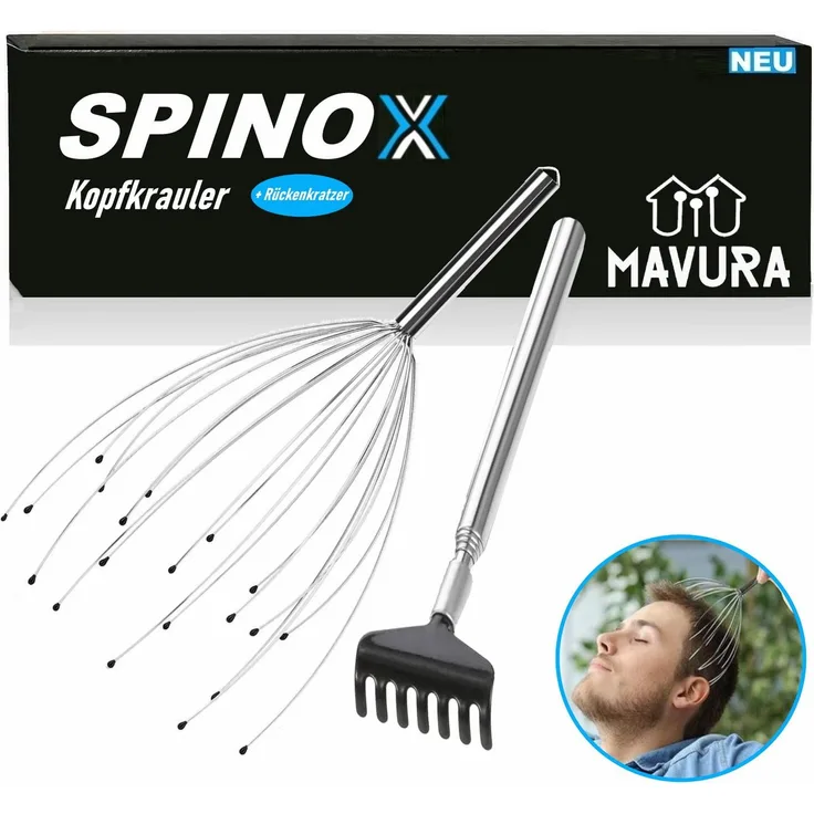 MAVURA SPINOX Kopfmassagegerät Krauler Spinne + Gratis Rückenkratzer [2teilig] [DAS ORIGINAL]