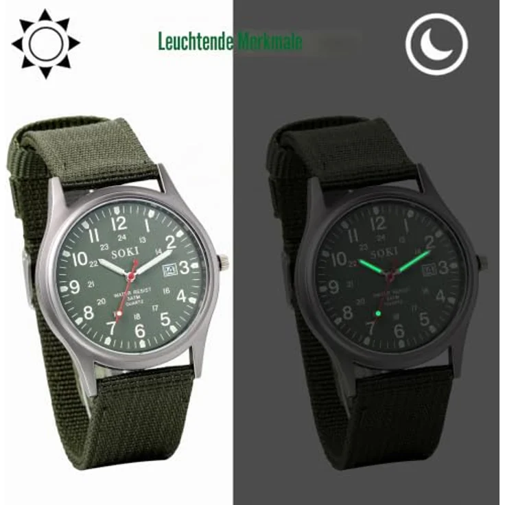 JewelryWe Militär Uhr Herren, Analog Quarz mit 12/24H, Datum und Leuchtzeigern, Armeegrün Nylon Armband, 10m wasserdicht – Bild 4