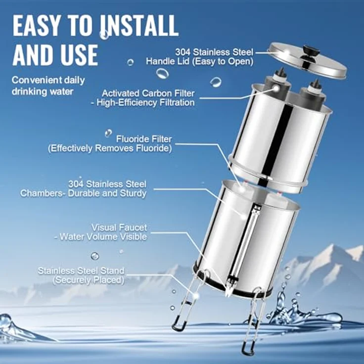 VEVOR Schwerkraft Wasserfiltersystem Edelstahl 7+7,5L, reduziert Blei und bis zu 99% Chlor, inkl. 2 Aktivkohlefiltern und 2 Entfluorierungsfiltern – Bild 6
