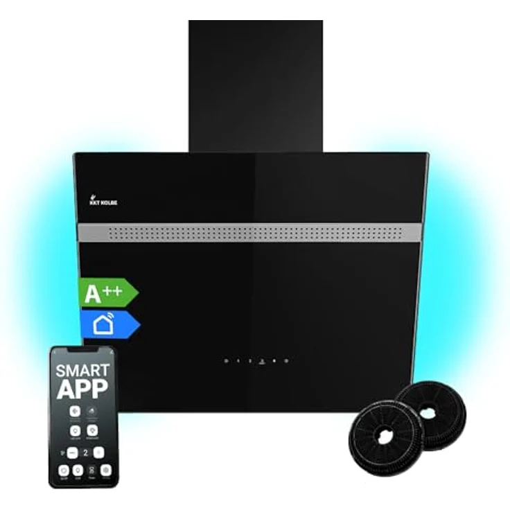 Dunstabzugshaube 60 cm | Wandhaube | kopffrei | schwarz | Glas | Abluft | Umluft | Schräghaube | WiFi Smart App | RGBW-LED-Beleuchtung | Touch Bedienung | ALPINA609HC – Bild 1