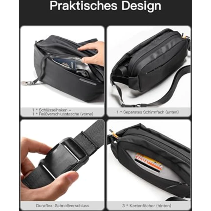 Inateck Kompakt Bauchtasche 4L, Wasserdicht Umhängetasche in Schwarz, Großes Fassungsvermögen und mehrschichtige Struktur – Bild 5