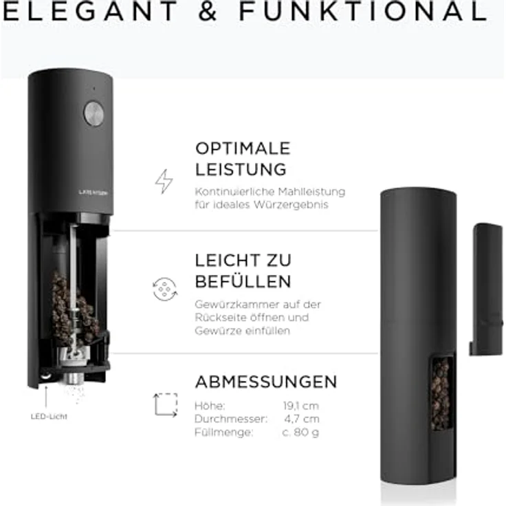 LARS NYSØM Salz und Pfeffer Mühle Elektrisch 2er Set mit einstellbarem Keramik-Mahlwerk von grob bis fein I Design Gewürzmühlenset Automatisch (2 Stück, Onyx Black) – Bild 4